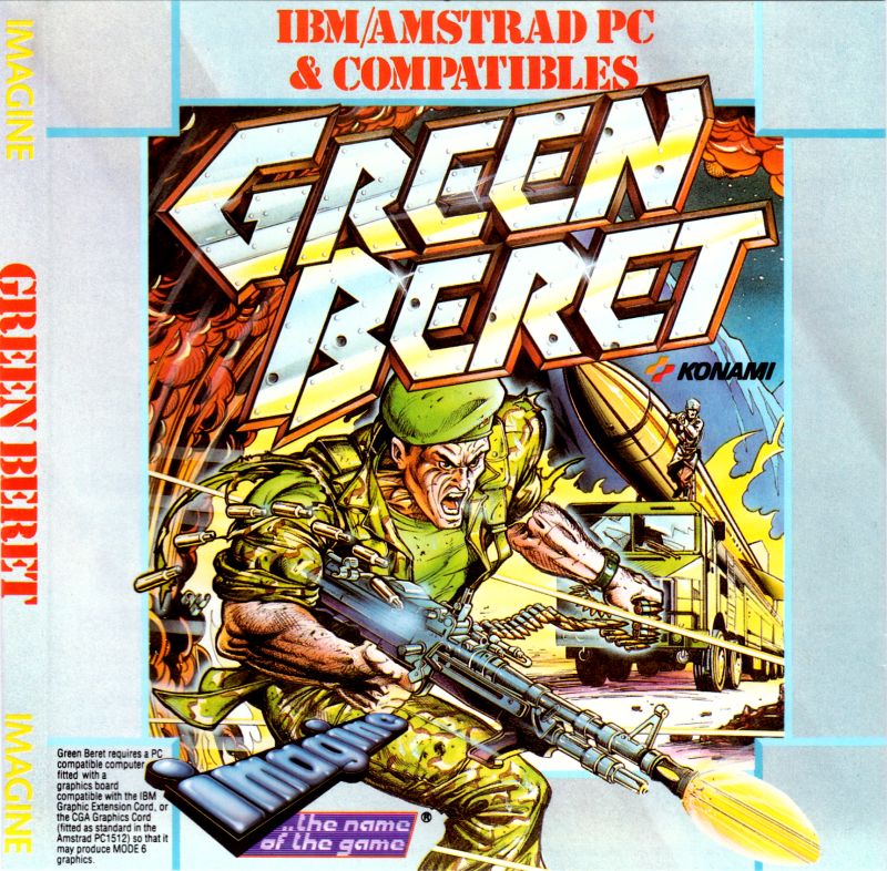 Green Beret box marked IBM/Amstrad PC and compatibles: a commando in green combat gear charging forward with a knife