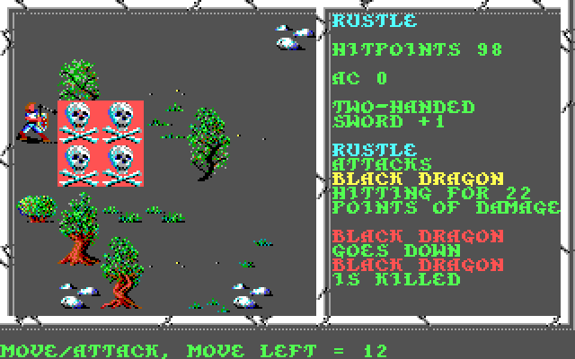 Curse of the Azure Bonds on the PC: a top-down combat map with party members and a black dragon, and a combat log reading Black dragon is killed