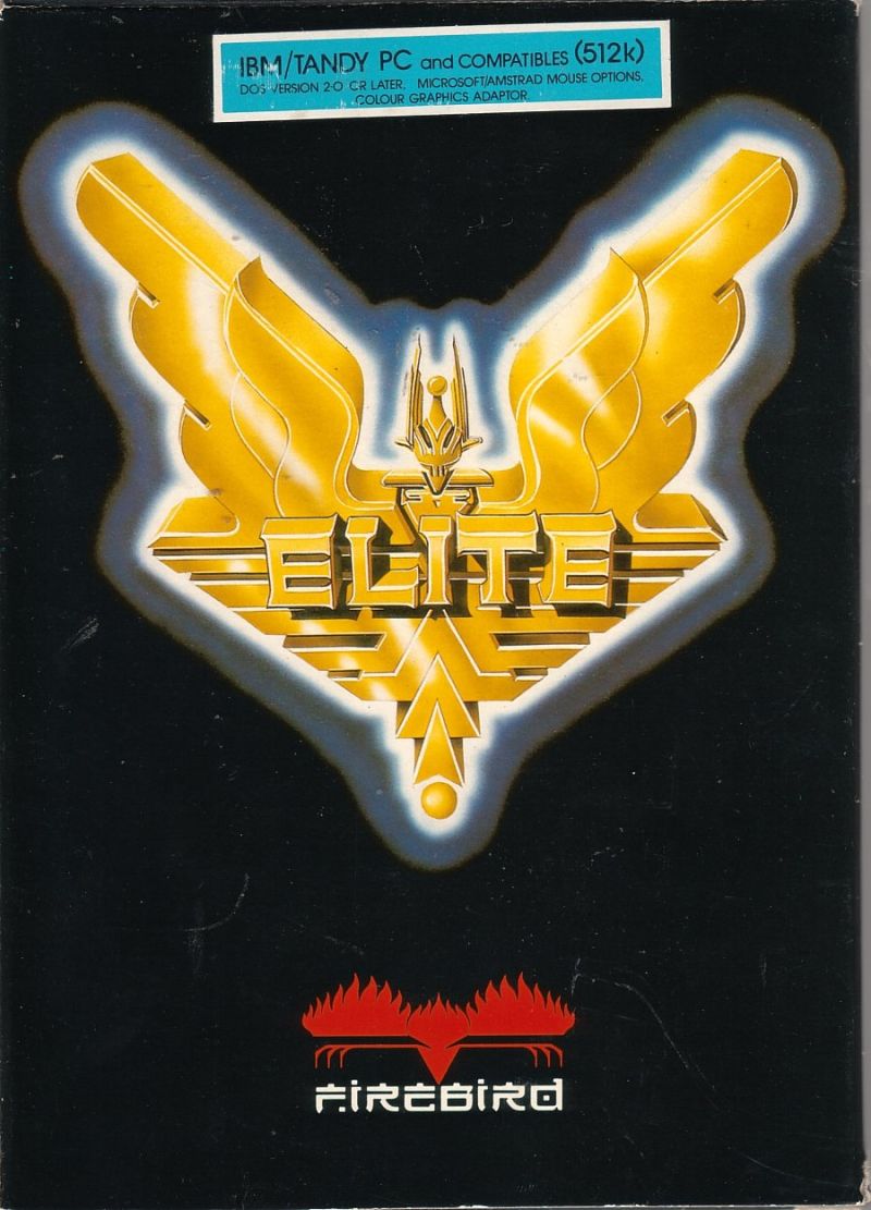 Elite box for the IBM PC from Firebird: a gold winged Elite emblem on a black background