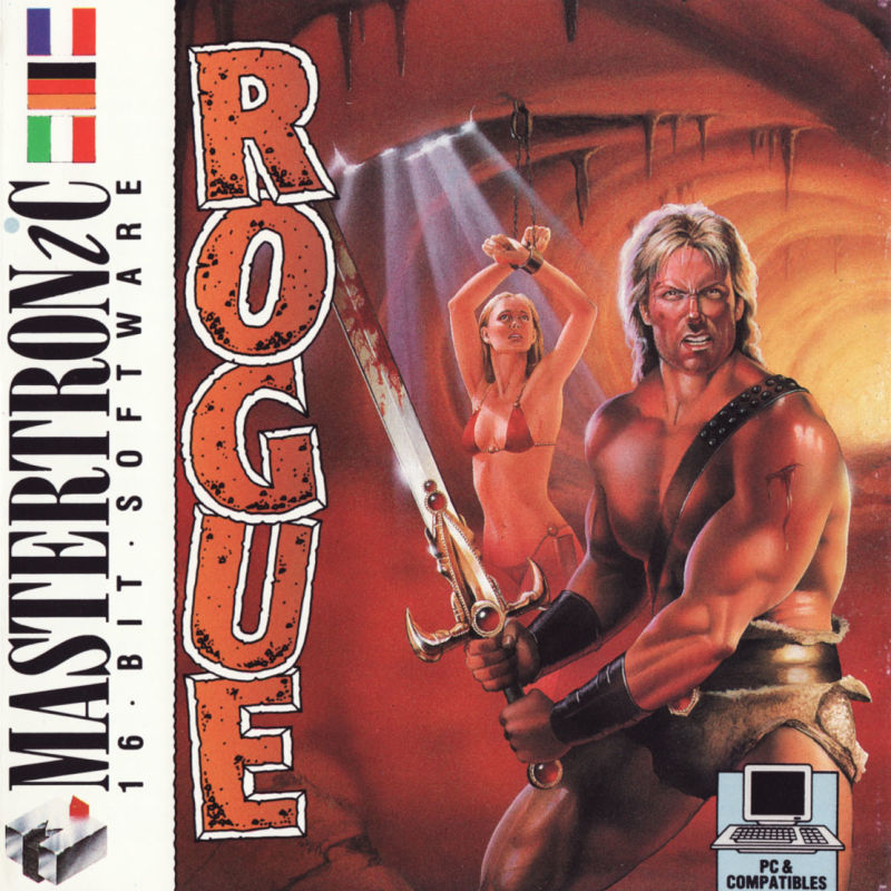 Rogue box from Mastertronic's 16-bit range: a muscular barbarian warrior with a sword and a woman behind him