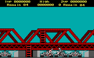 Green Beret on the PC in CGA colours: magenta girders and ladders over a cyan background, with scores at the top