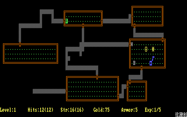 Rogue on the PC: dungeon rooms drawn with lines and connected by corridors, with level, hit points, strength, gold and armour shown along the bottom