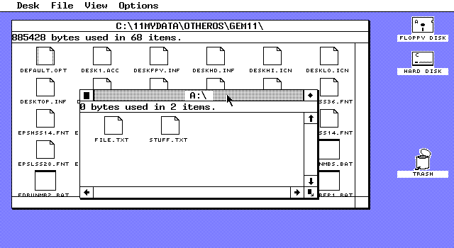 The GEM desktop: a window listing files as icons, with floppy disk, hard disk and trash icons down the right-hand side