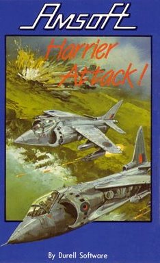 Harrier Attack cassette cover from Amsoft: two Harrier jump jets flying low over green countryside