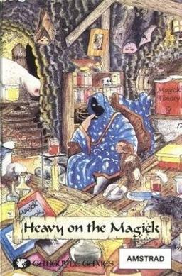 Heavy on the Magick cover: a hooded wizard in blue robes in a cluttered, candle-lit study full of books and scrolls