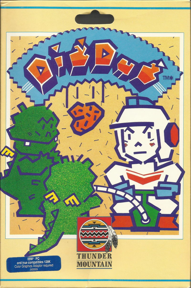 Dig Dug box for the PC from Thunder Mountain: the Dig Dug character in white overalls next to a green Fygar dragon