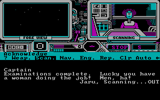 Psi-5 Trading Company on the PC: the ship's control panels with a crew member's face and a message reading Examinations complete