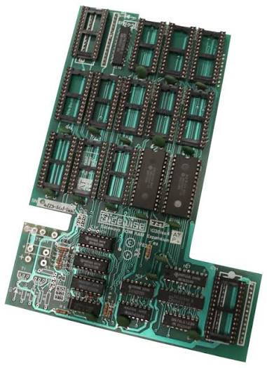 The ATPL Sidewise expansion board: a green circuit board covered in rows of empty and filled chip sockets for sideways ROMs