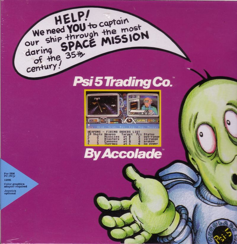 Psi-5 Trading Company box from Accolade: a green alien in a speech bubble saying Help! We need you to captain our ship through the most daring space mission of the 35th century