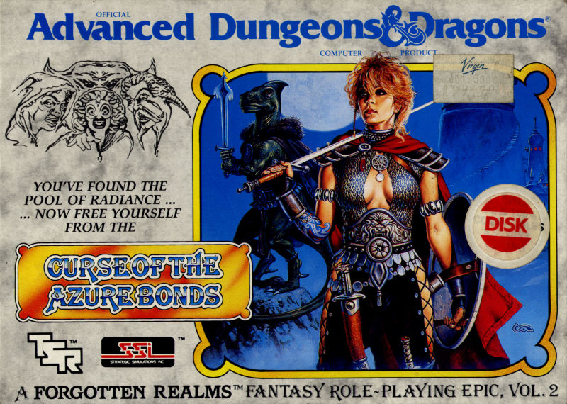 Curse of the Azure Bonds box from SSI: an Advanced Dungeons and Dragons heroine with a sword, the title on a blue banner, marked Disk
