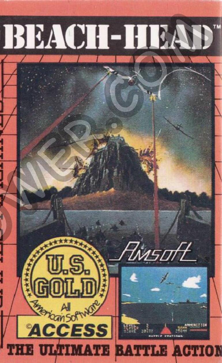 Beach-Head cassette cover from Amsoft and U.S. Gold: warships approaching a fortified island under a stormy sky