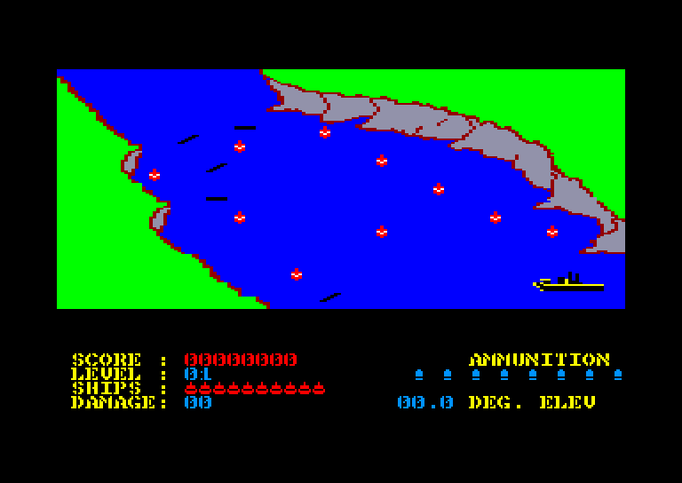 Beach-Head on the Amstrad CPC: a map view of a blue sea and grey coastline with small ships, and score, ships and ammunition readouts below