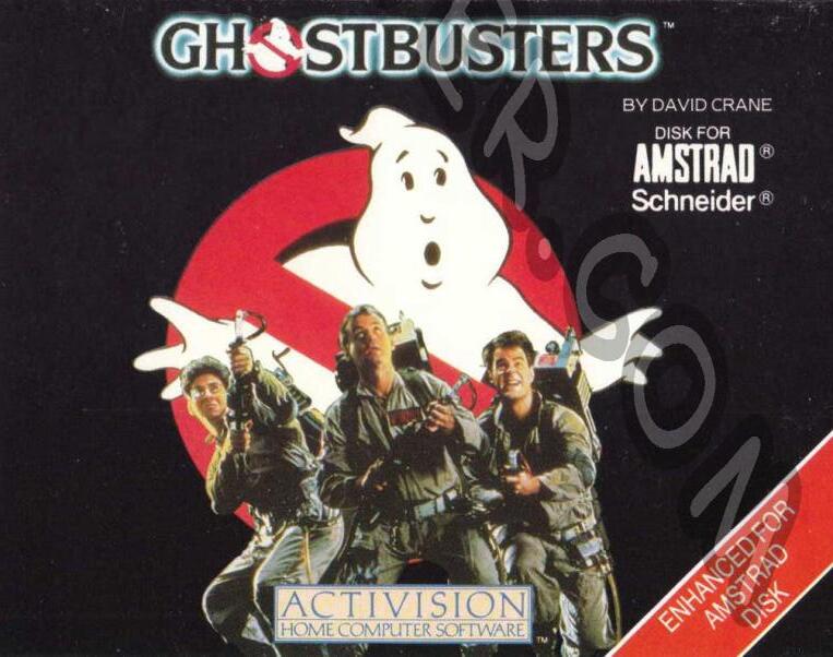 Ghostbusters cover for the Amstrad CPC: the no-ghost logo with the four Ghostbusters in front, marked Disk for Amstrad Schneider