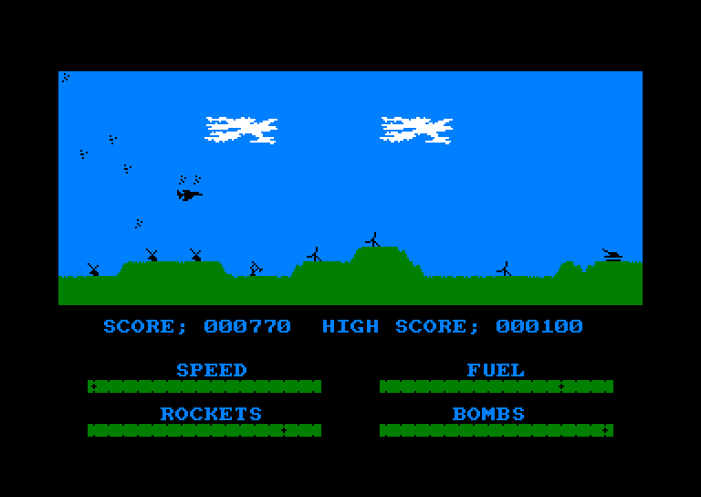 Harrier Attack on the Amstrad CPC: a Harrier jet flying over green hills under a blue sky, with speed, fuel, rocket and bomb gauges below