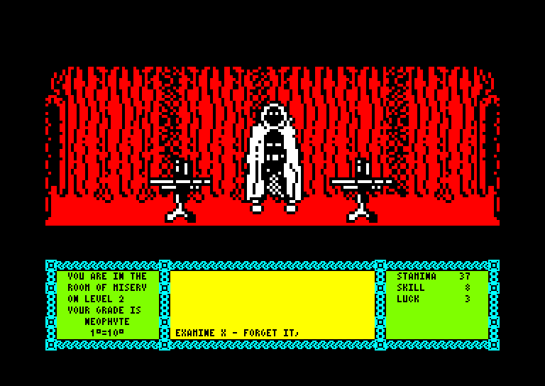 Heavy on the Magick on the Amstrad CPC: a large robed wizard figure in a red dungeon room, with typed-command panels below