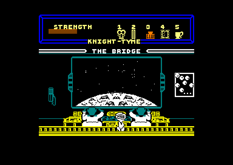 Knight Tyme on the Amstrad CPC: Magic Knight on the bridge of the starship, with a strength bar and inventory at the top