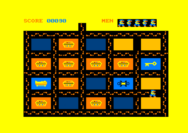 Oh Mummy on the Amstrad CPC: a yellow pyramid maze of blue and orange blocks, some opened to reveal a key and treasure