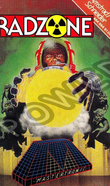 Radzone cover: a man in a space helmet holding a glowing yellow sphere above a Mastertronic logo, with a radiation symbol in the title