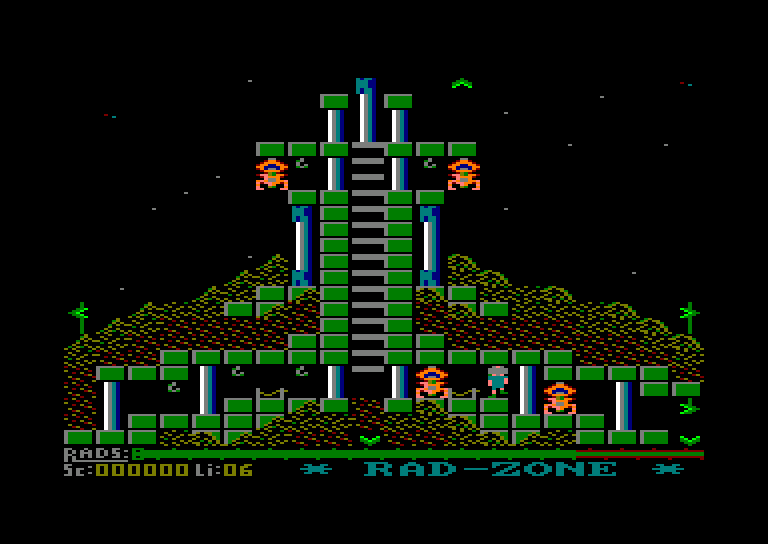 Radzone on the Amstrad CPC: a green and white tower of platforms and ladders on a rocky hill, with orange creatures patrolling