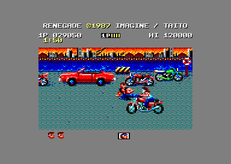 Renegade on the Amstrad CPC: the player fighting bikers on a street beside a parked red car