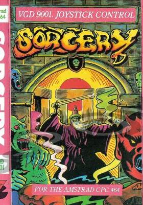 Sorcery cover for the Amstrad CPC 464: a green demon and a wizard beneath a glowing stone archway