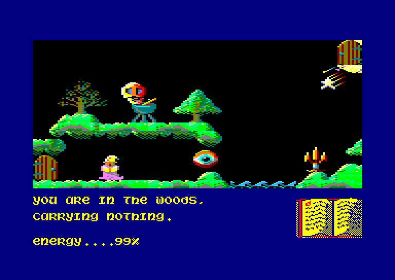 Sorcery on the Amstrad CPC: the flying sorcerer among green bushes in the woods, with the text You are in the woods, carrying nothing